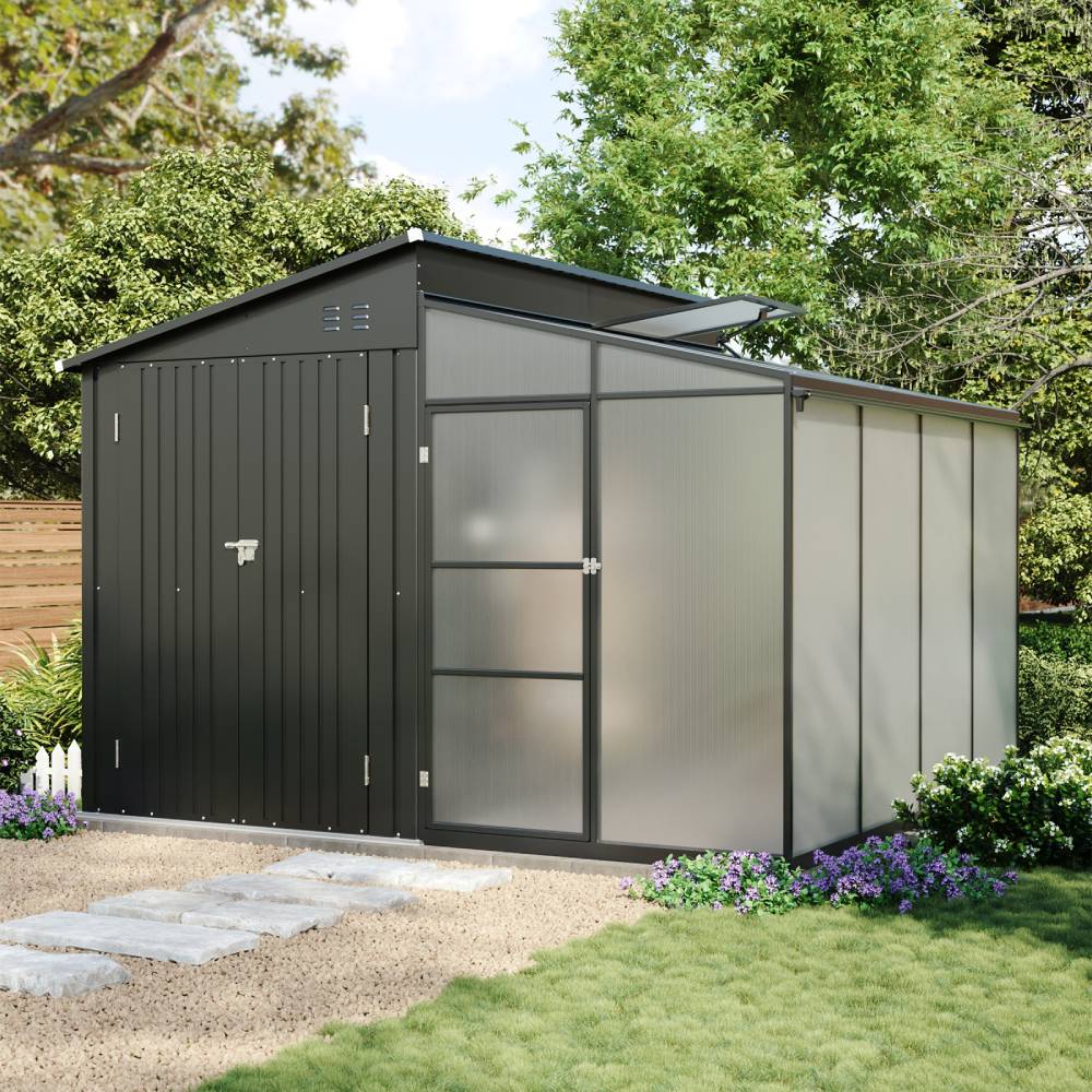 2-in-1 Metal Shed With Greenhouse, Transparent Pc Panels – 10 X 9ft, Zinc Steel & Polycarbonate Construction