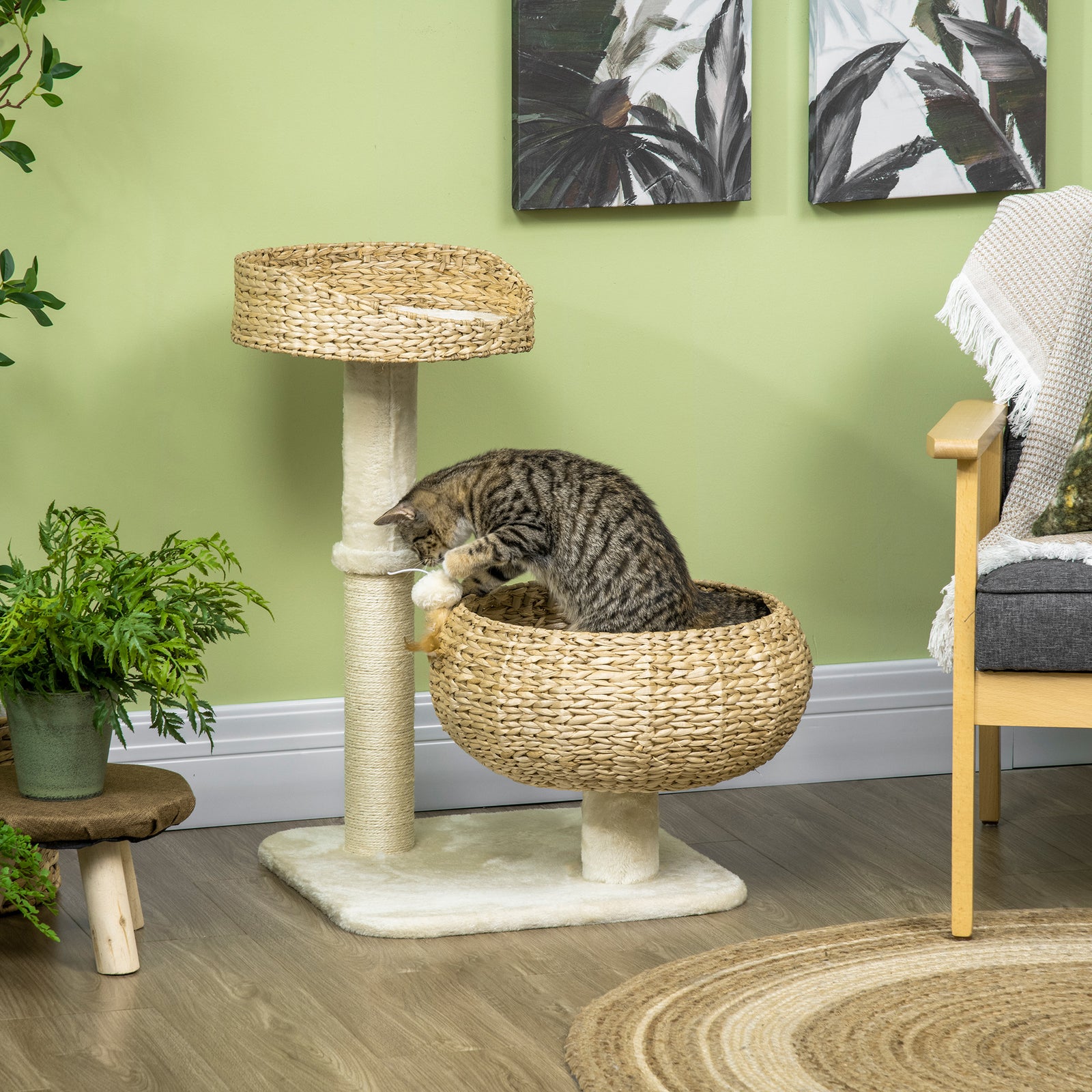 72cm Cat Tree Kitten Tower With 2 Beds Scratching Post Toy Ball, Beige