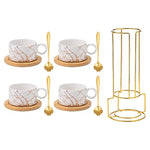 Set Of 4 Ceramic Coffee Cups With Saucers, Spoons & Metal Stand | White