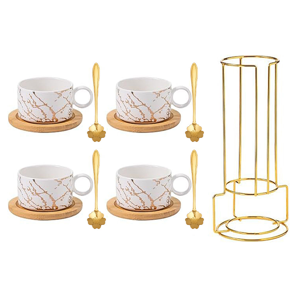 Set Of 4 Ceramic Coffee Cups With Saucers, Spoons & Metal Stand | White