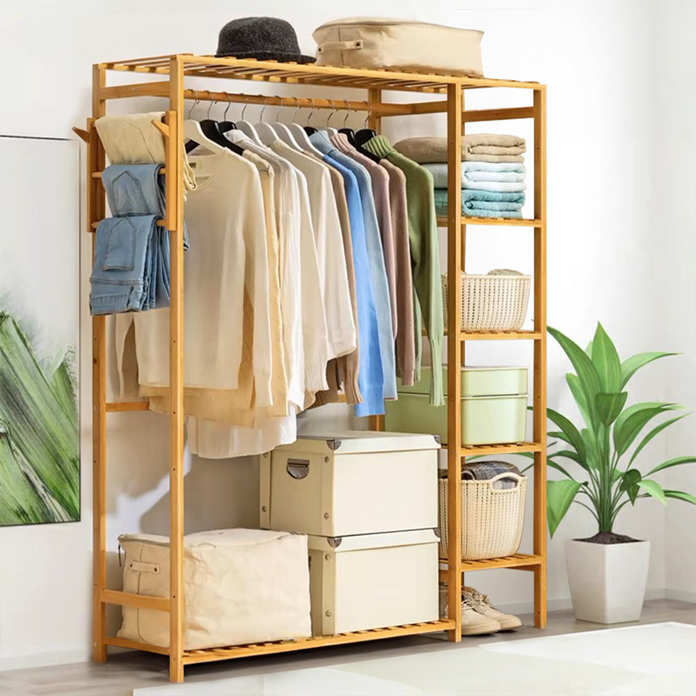 Wooden Garment Rack With Side Hooks Multi-functional Freestanding Clothes Organizer | Small | Natural