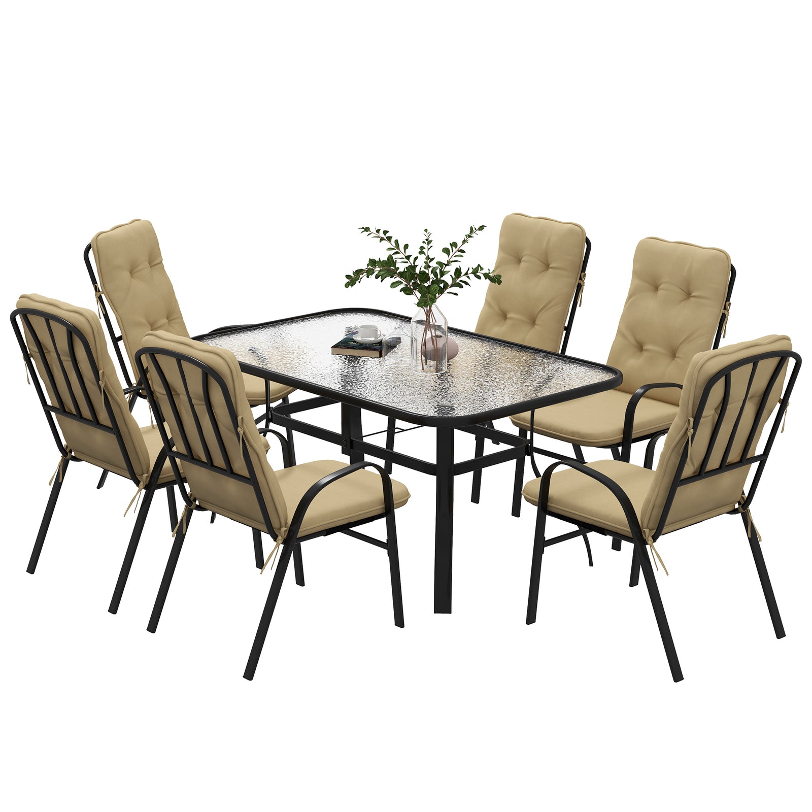 7 Pcs Garden Dining Set, Table W/ Umbrella Hole & Cushion | Beige