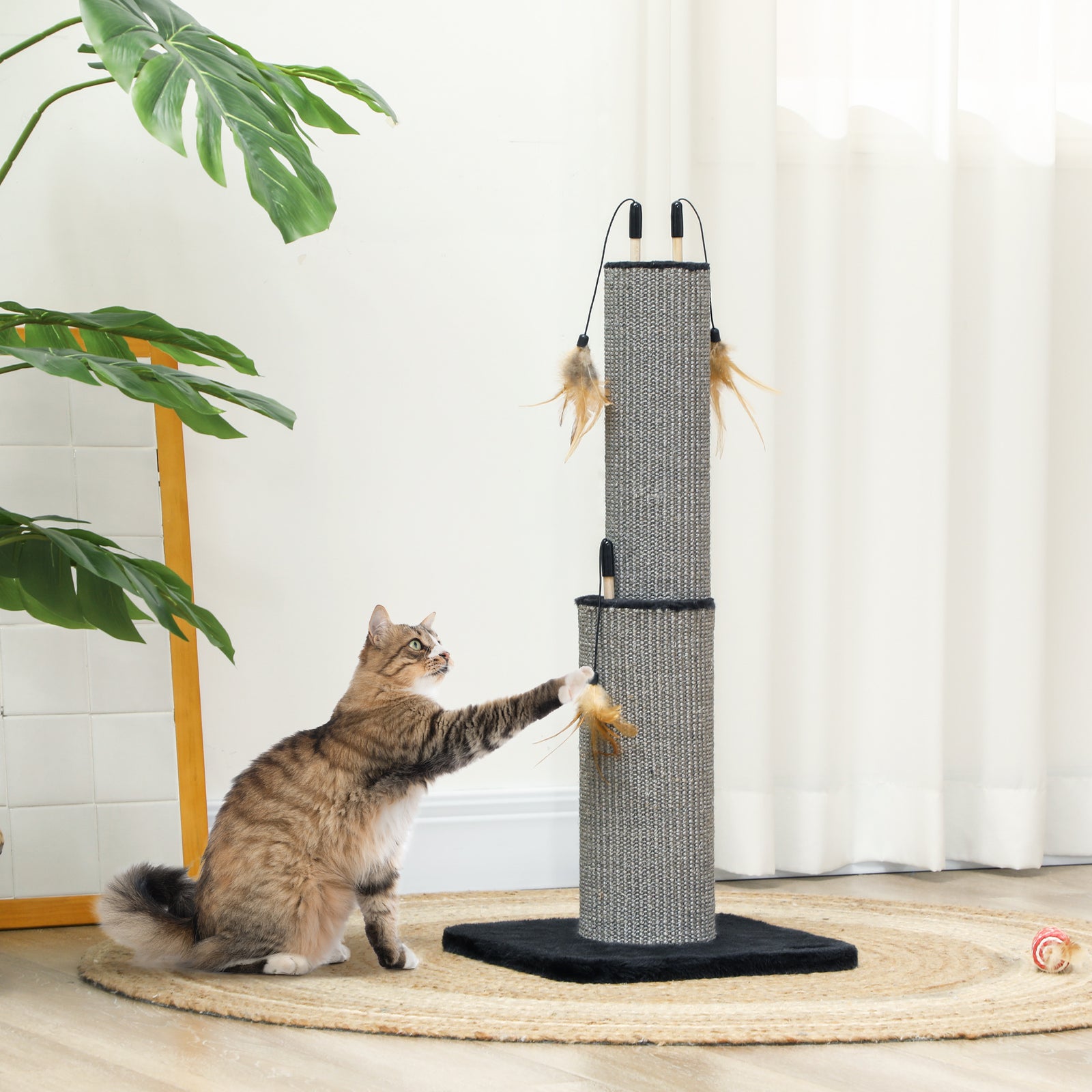 78cm Tall Cat Scratching Post With 3 Toy Feathers | Black