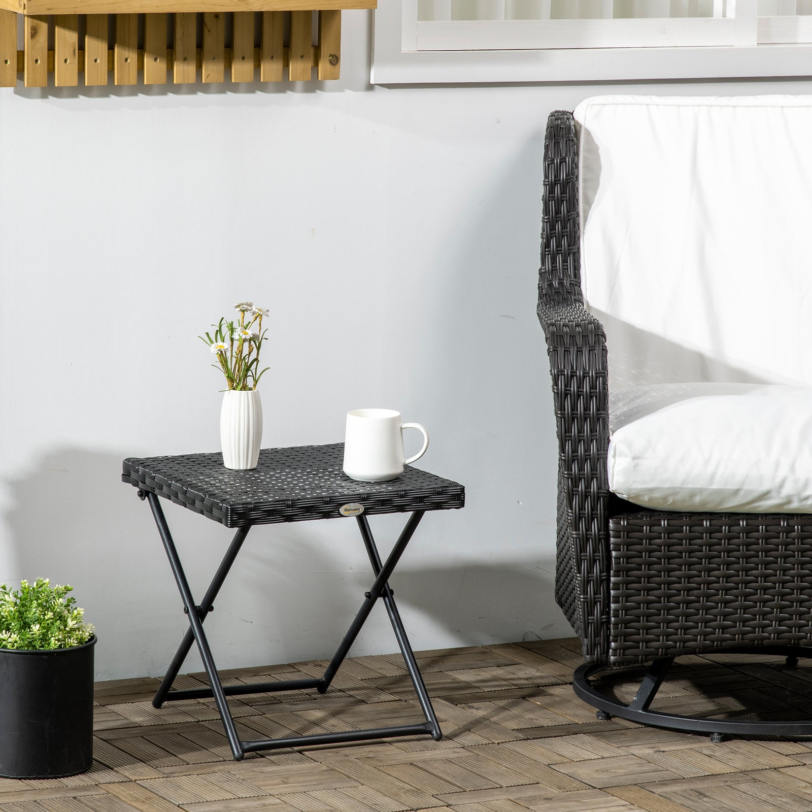 Folding Rattan Coffee Table W/ Steel Frame Bistro Garden | Black