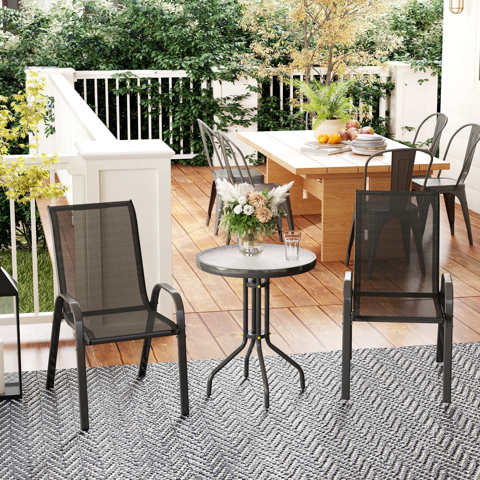 Garden Bistro Set, Small Garden Set W/ Stackable Chairs | Black