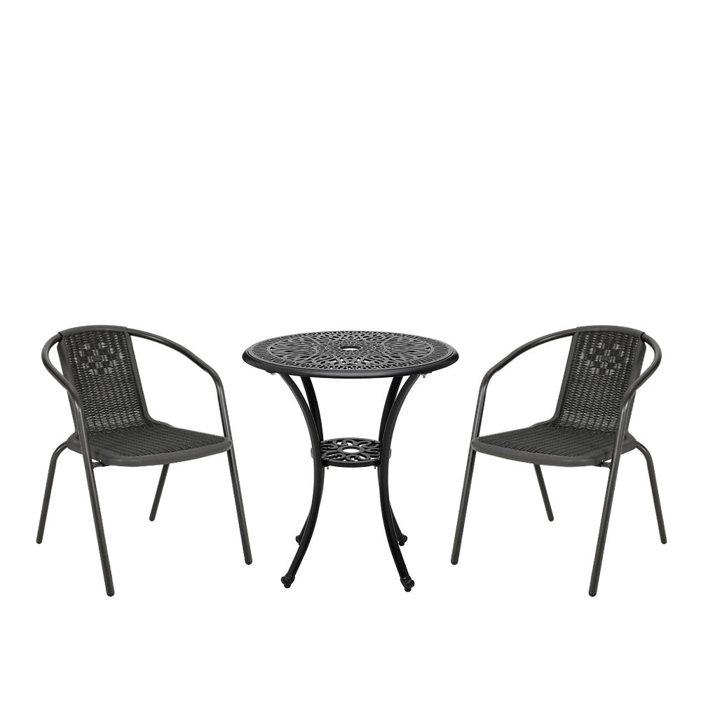 3 Pcs Bistro Set Cast Aluminium Round Patio Dining Table With Pe Rattan Stacking Chairs