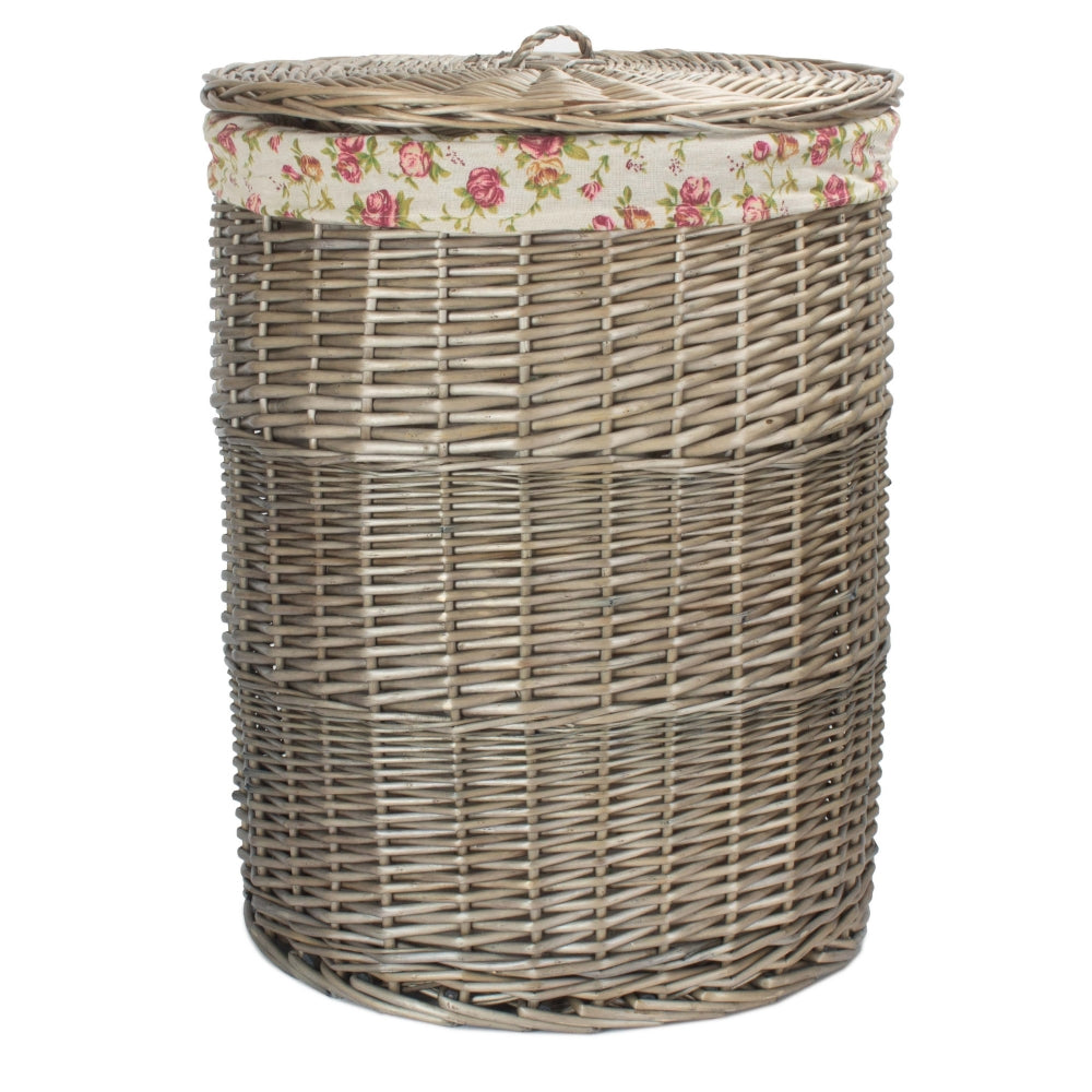Rose Cotton Lined Wicker Antique Wash Round Laundry Baskets | Small | Pink