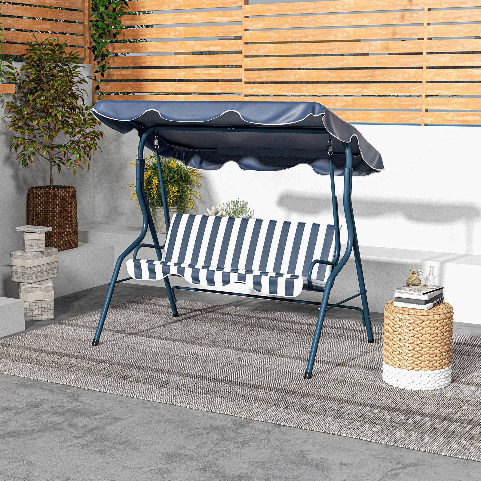 3-person Garden Swing Chair With Adjustable Canopy, Stripes | Blue