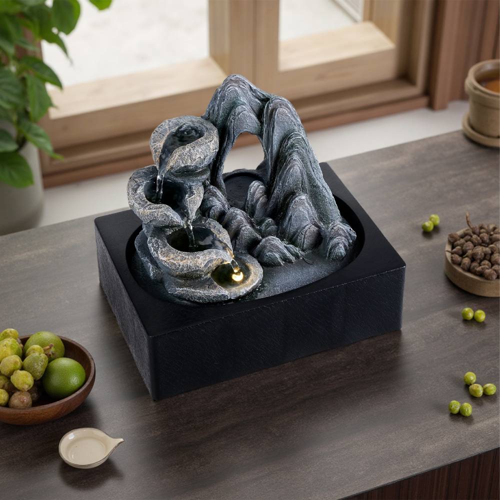 Indoor Tabletop Water Fountain With Mountain Rock Design 4-tier Cascading Bowls