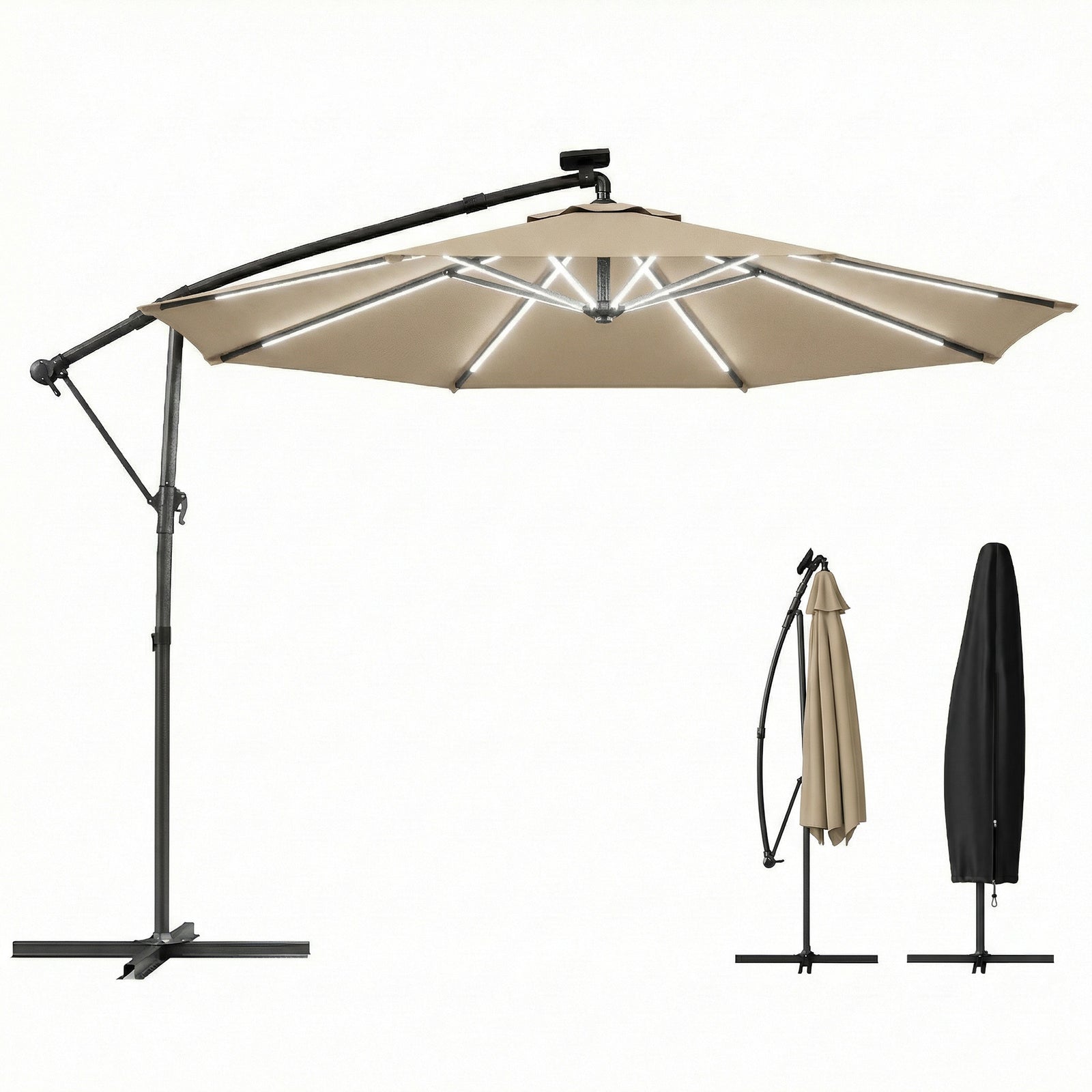 3 M Garden Cantilever Parasol With Solar Light, Rotation | Khaki