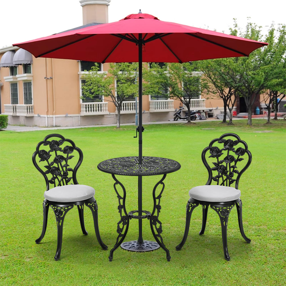 3-Piece Black Cast iron outdoor dining set circular patio balcony table and 2 chairs small weather-resistant furniture | Set of 3 | Black