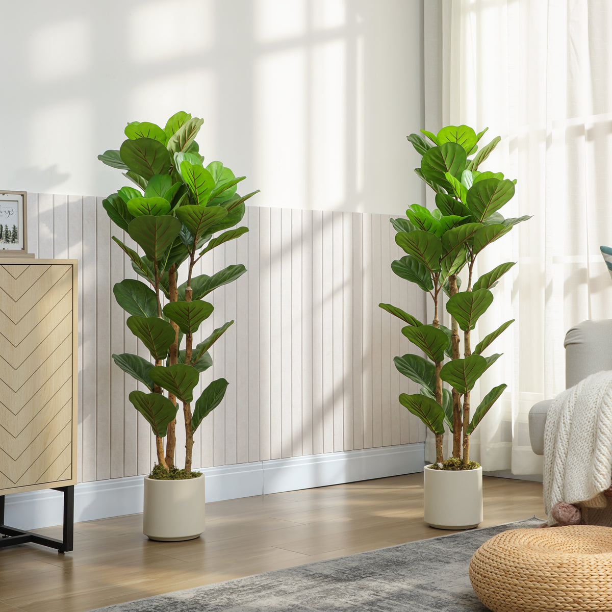 HOMCOM 120cm 2 Pcs Artificial Fiddle Leaf Fig Trese With Solid Wood Trunks