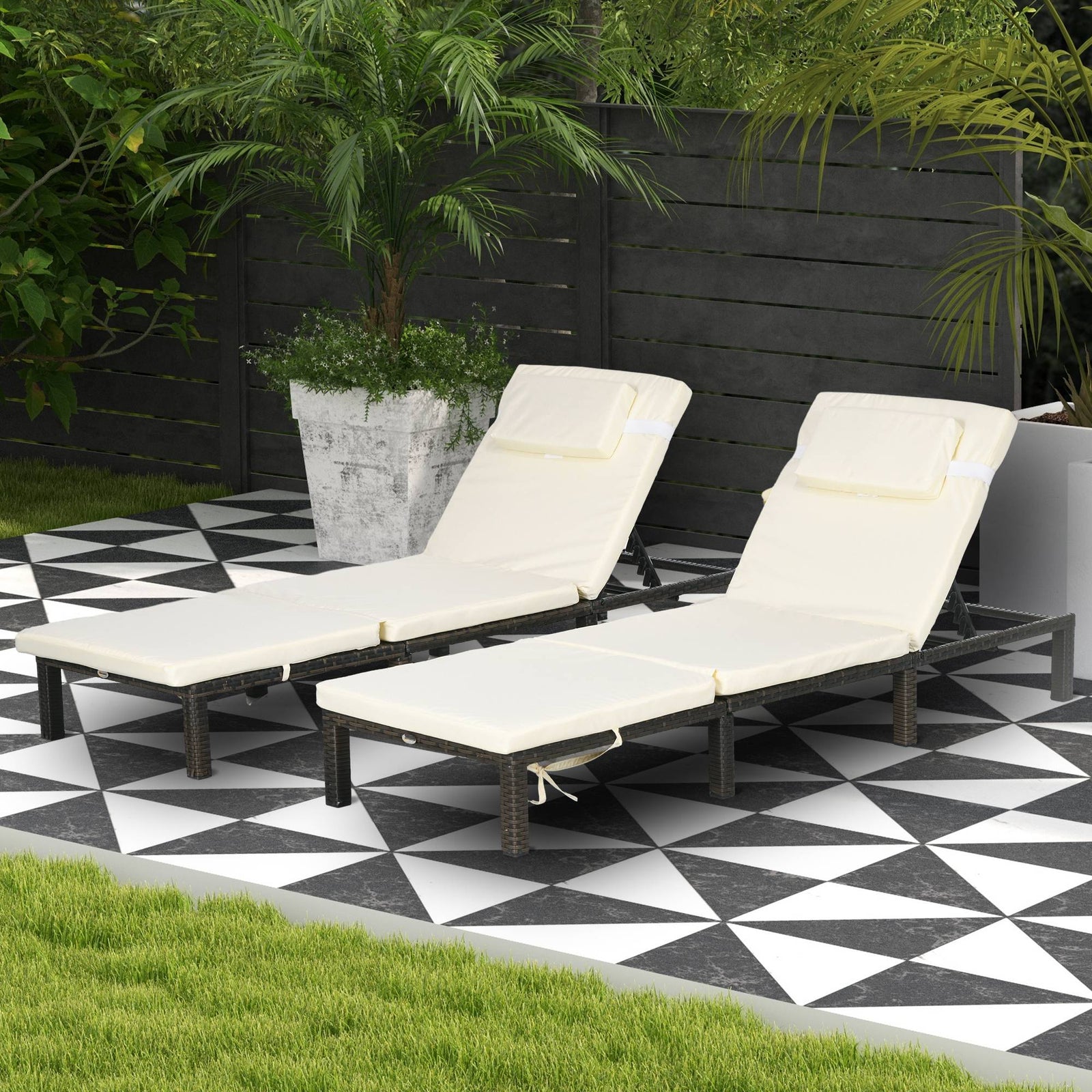 Set Of 2 Rattan Sun Loungers 5-level Adjustable | Cream