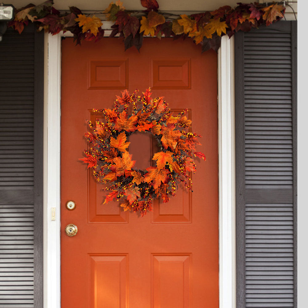 Lighted Maple Leaves Rattan Wreath With Berries Autumn Decor