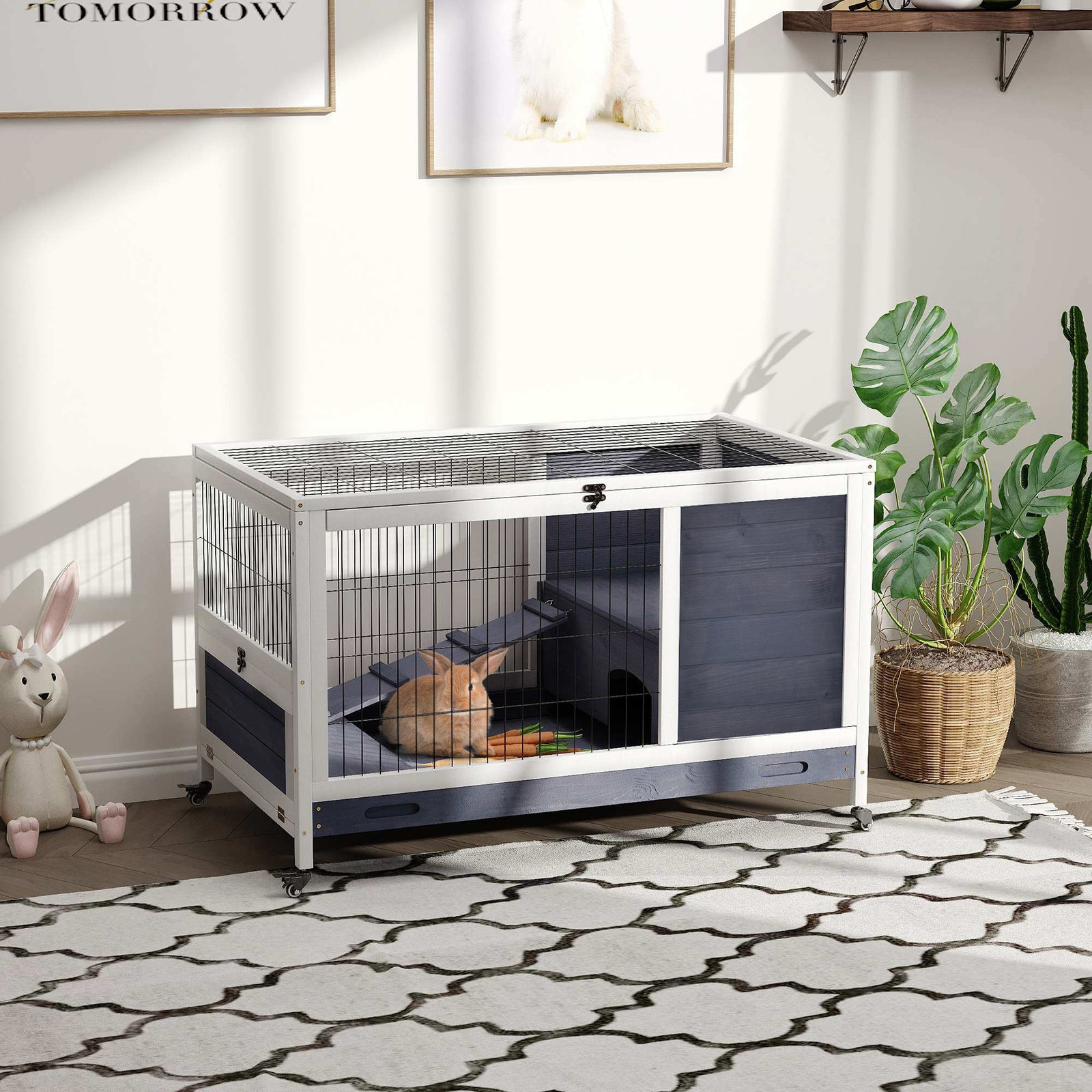 Wood Indoor Rabbit Hutch Elevated 2-floor Guineas Pigs Cage W/ Wheels | Gray