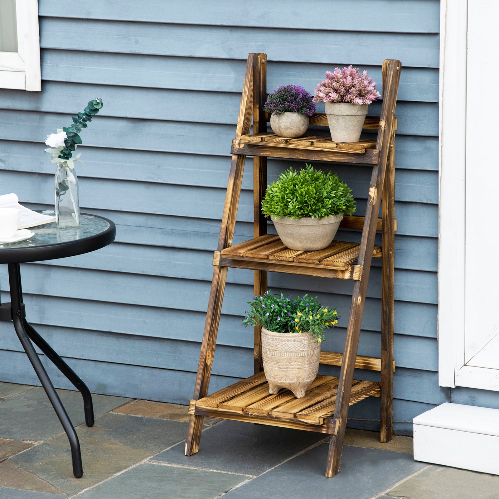 Flower Stand Plant Display Rack 3-tier Foldable Wood Garden | Small | Brown