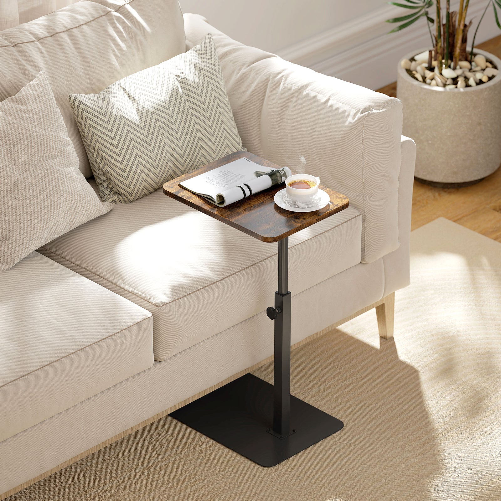 HOMCOM Side Table, C Shaped End Table With Adjustable Height And Metal Base