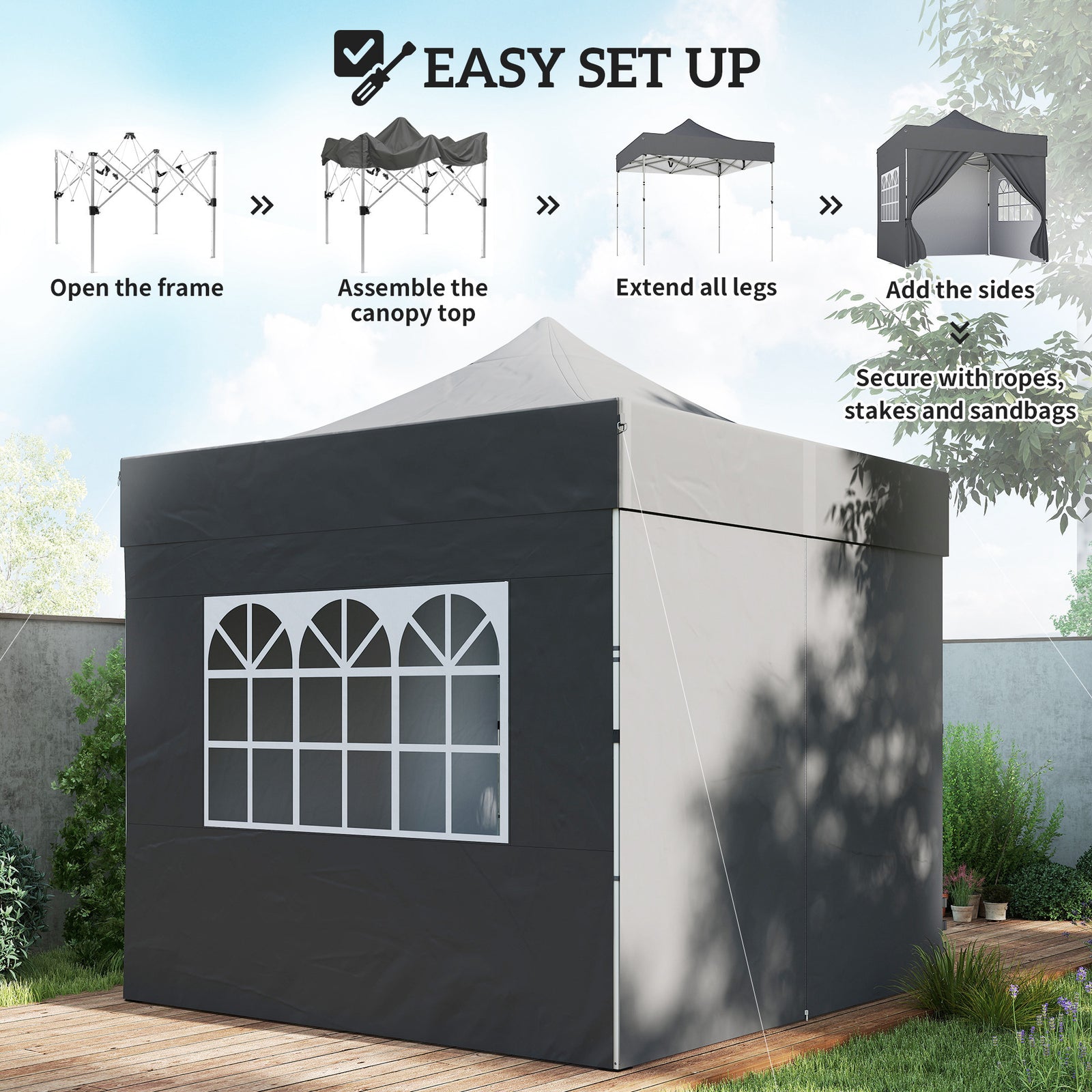 3 X 3 M Heavy Duty Pop Up Gazebo With Sides, Upf50+ Marquee Gazebo | Dark Grey