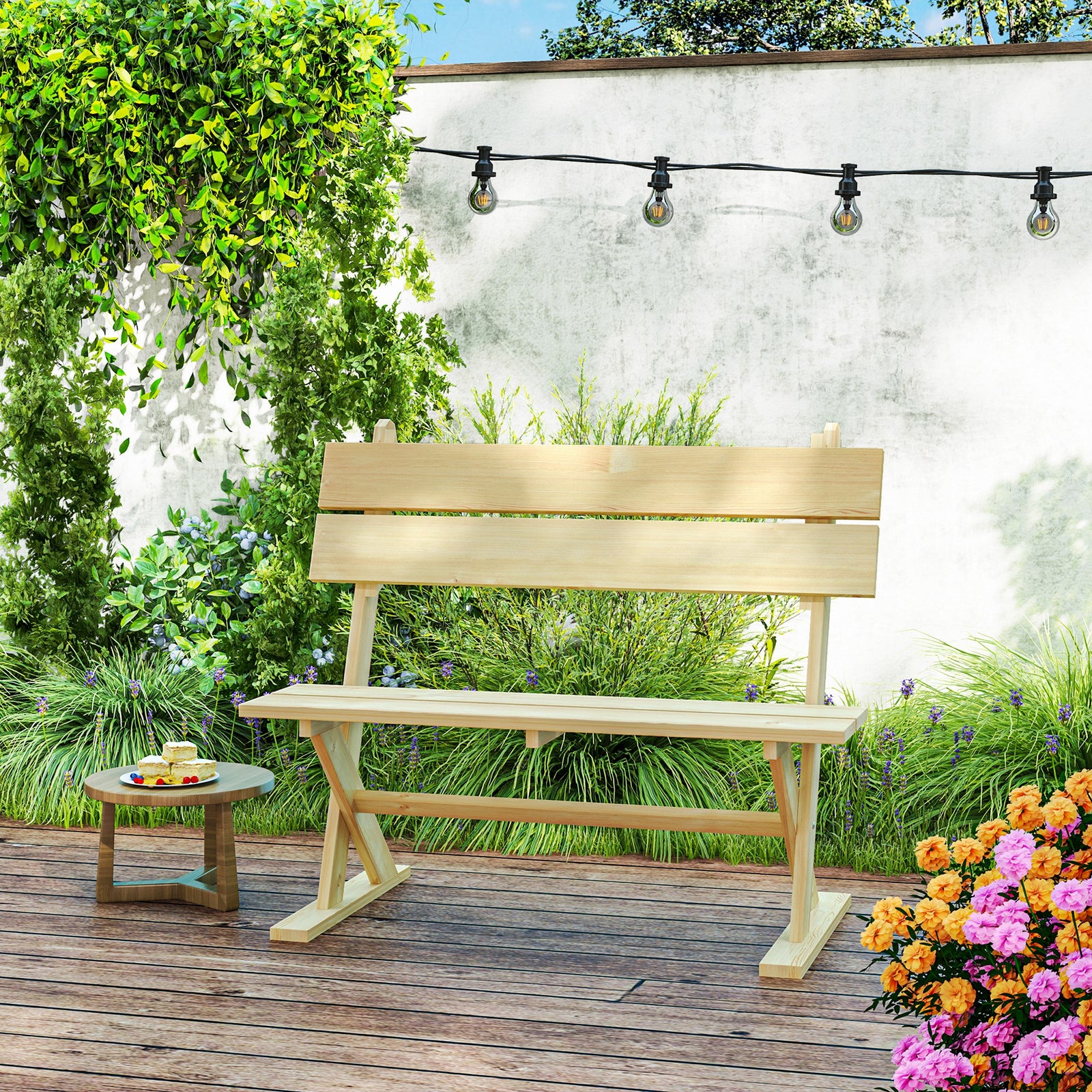 2 Seater Wooden Garden Bench Outdoor Loveseat With Back