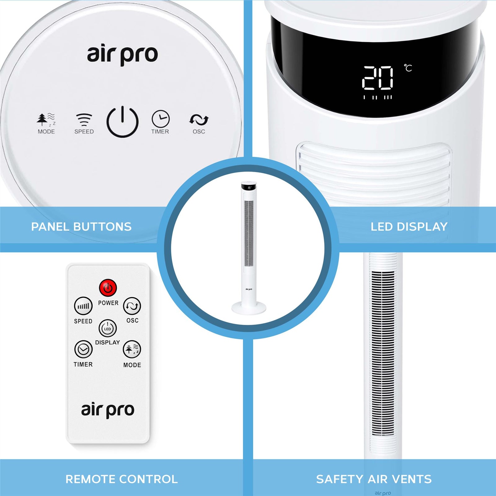 Smart Bladeless 46" Tower Fan 3 Speeds - Remote & Oscillation Feature | White