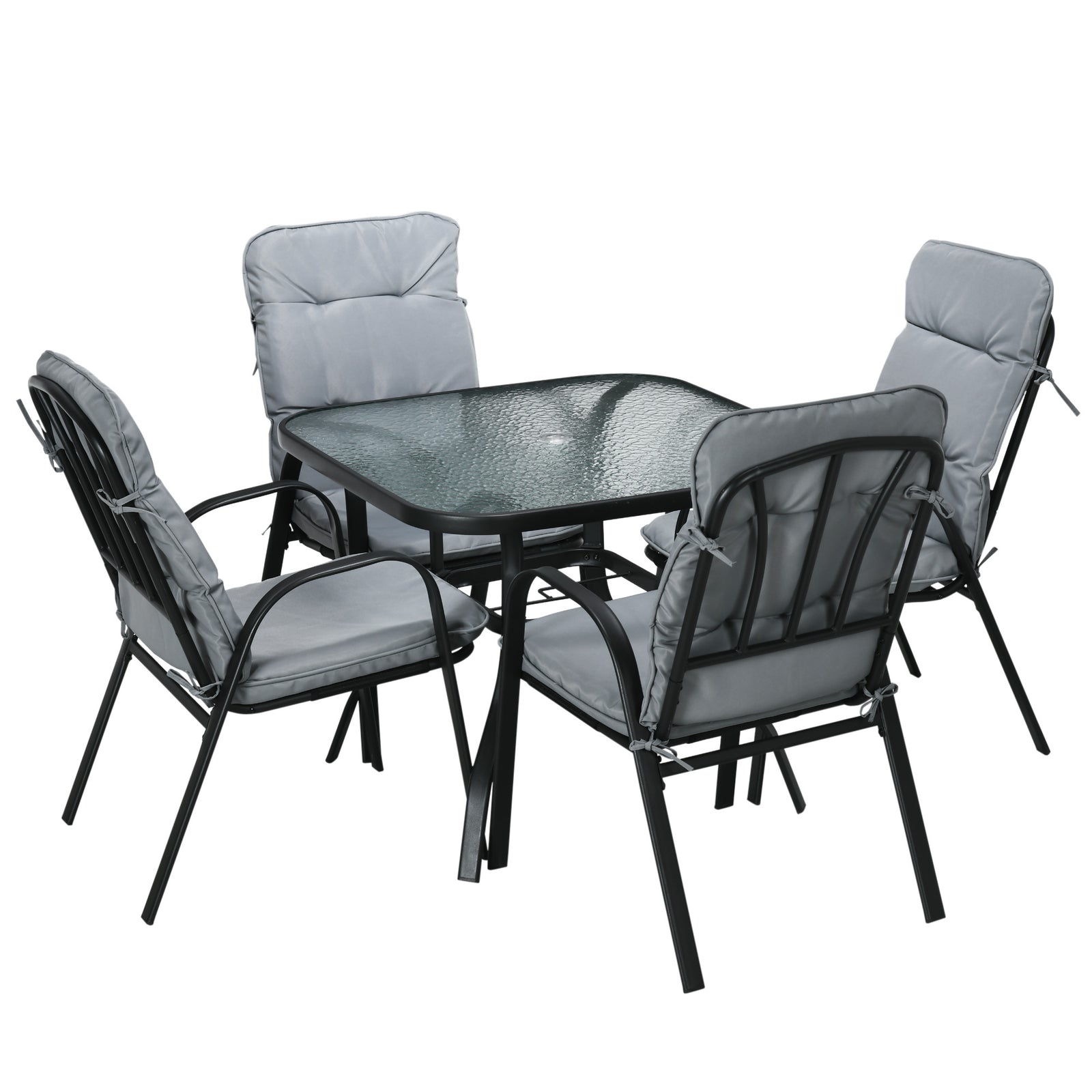 Garden Dining Set, Glass Table W/ Umbrella Hole & Seats | Black