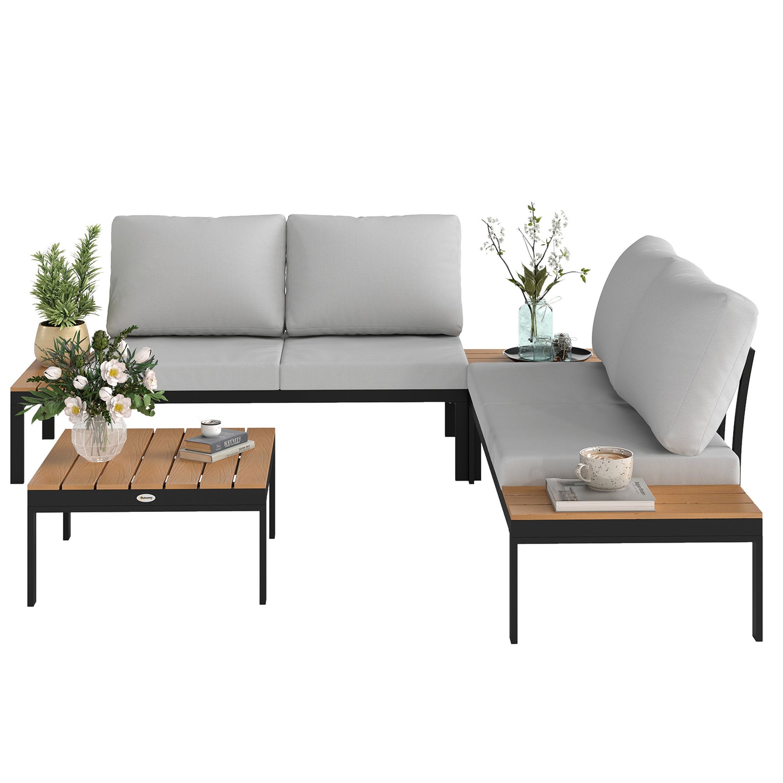 4 Seater Garden Corner Sofa Set W/ Removable Thick Cushions | Tan