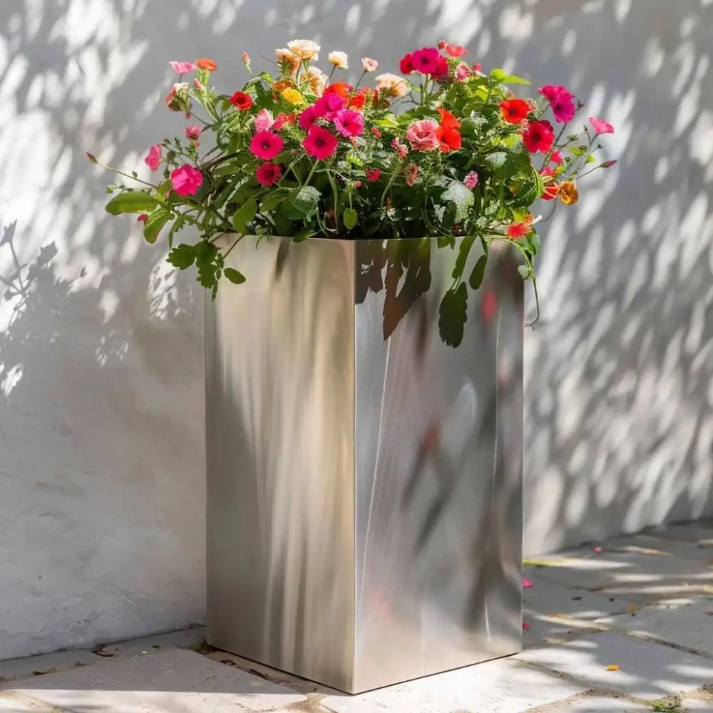 Zinc Galvanised Tall Square Planter | 25cm x 25cm x 50cm | Silver