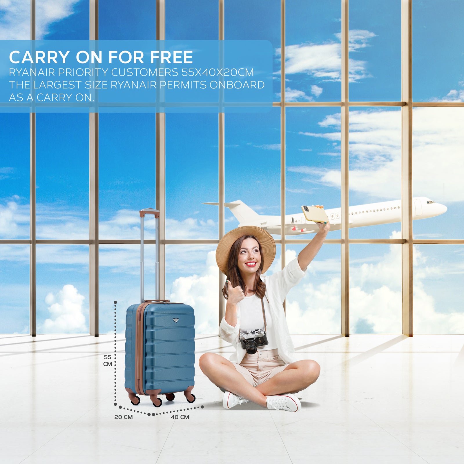 55x40x20cm Lightweight Luggage Hard Shell Cabin Suitcase 60+ Airlines Approved - Carry On Case - 4 Wheels | 55 x 40 x 20cm | Blue