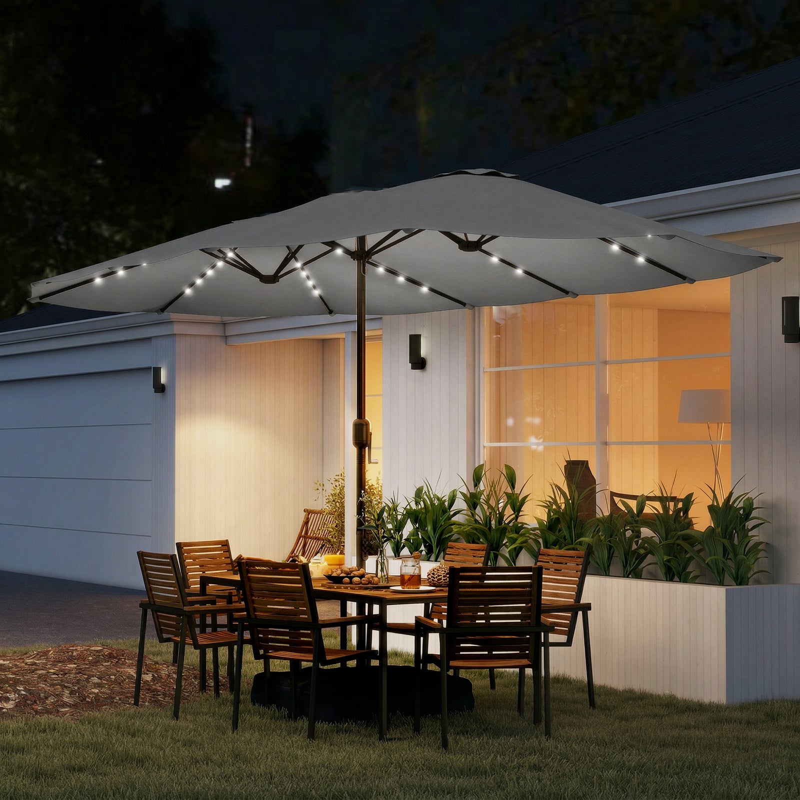 Double Sided Garden Parasol W/ 60 Solar Led Lights 4.5m | Grey