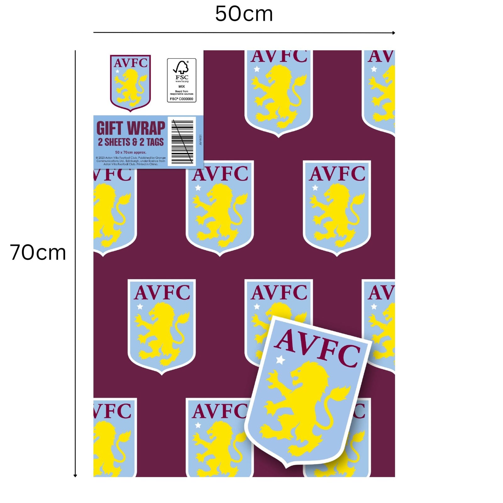 Aston Villa FC Aston Villa Fc Gift Wrap, 2 Sheet 2 Tag, Official Product