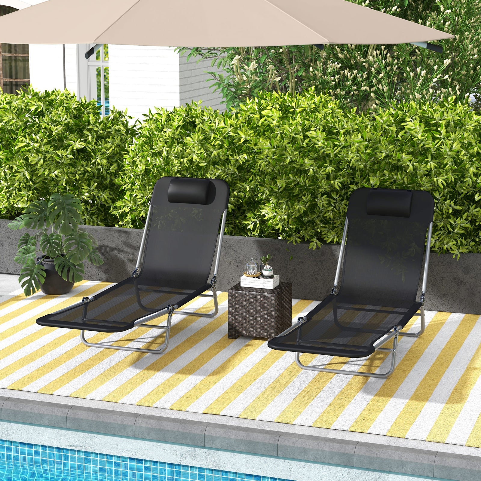 Set Of 2 Outdoor Foldable Loungers W/ Adjustable Back | Black