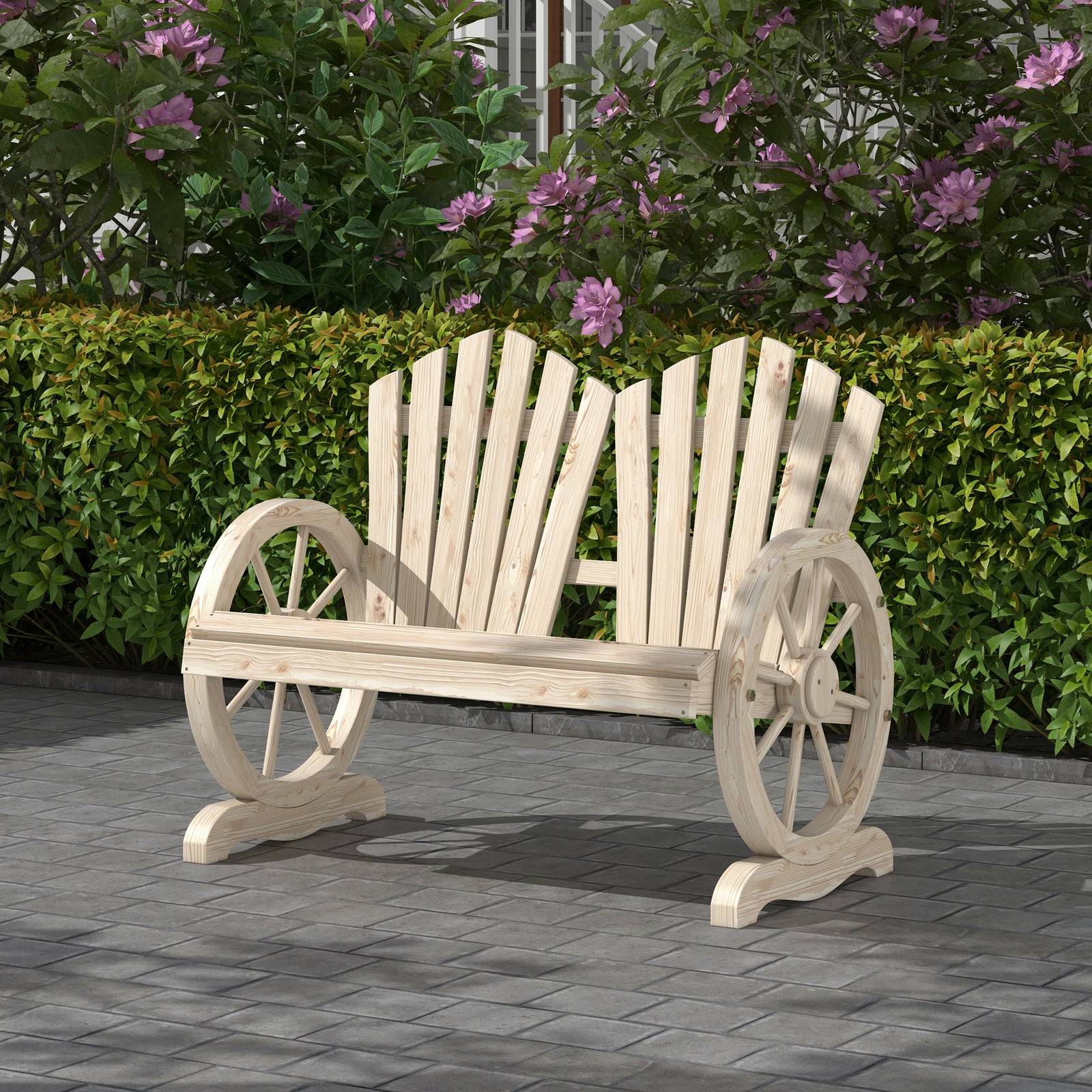 Outsunny 2 Seater Garden Bench W/ Wheel-shaped Armrests Natural Wood