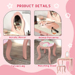 Kids Dressing Table With Mirror, Stool, Drawer, Girls Vanity Table | Pink
