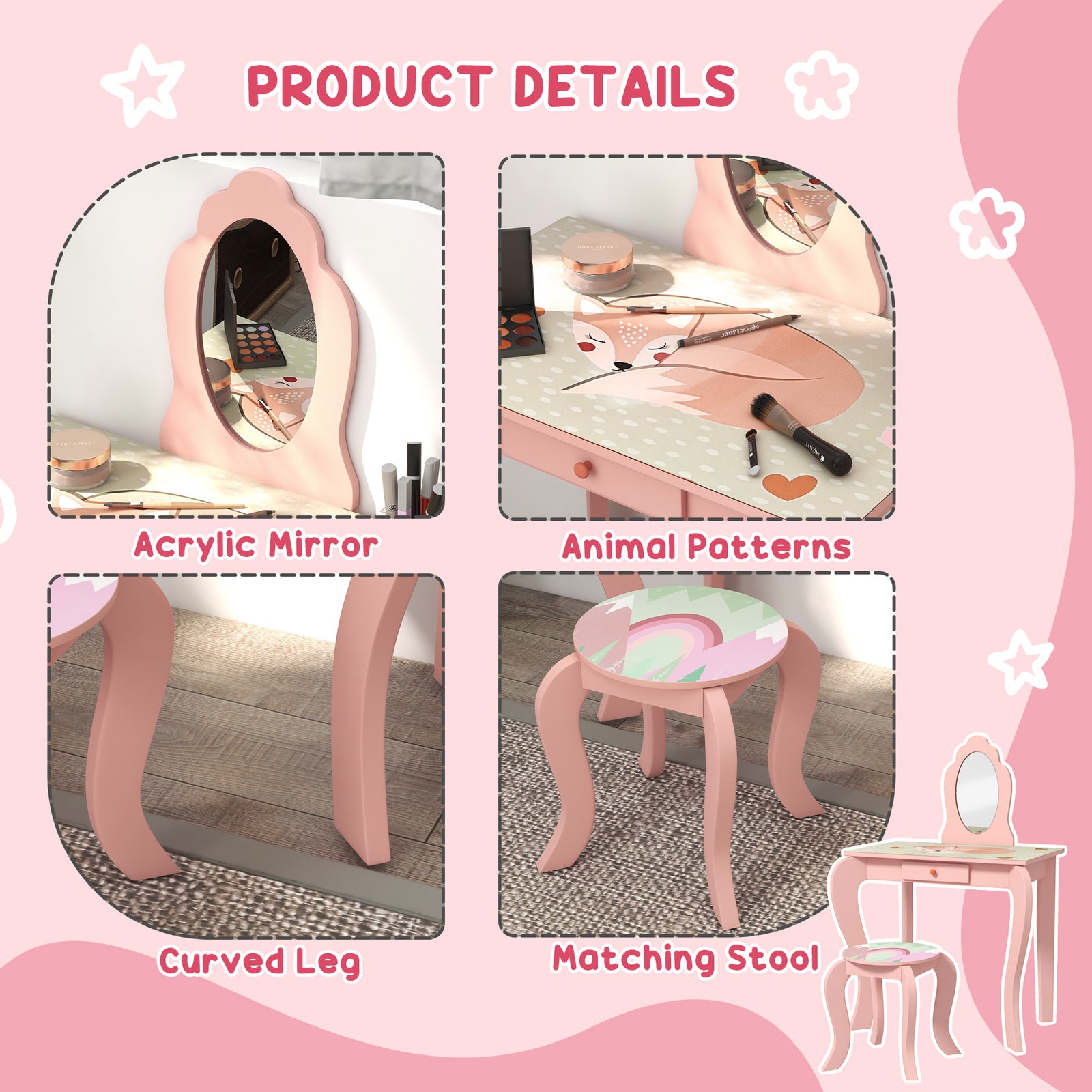 Kids Dressing Table With Mirror, Stool, Drawer, Girls Vanity Table | Pink