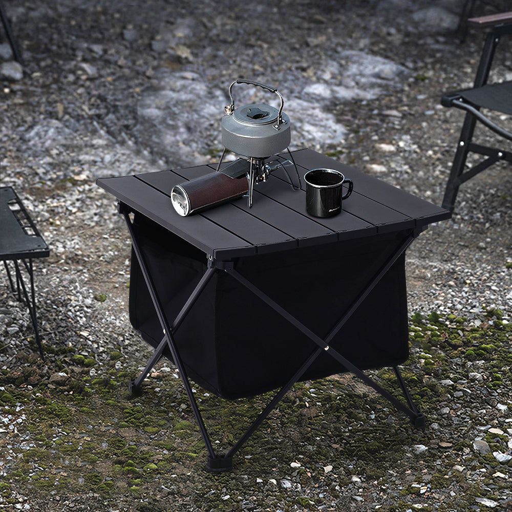 Aluminum Portable Roll-top Camp Table With Storage Basket | Small | Black
