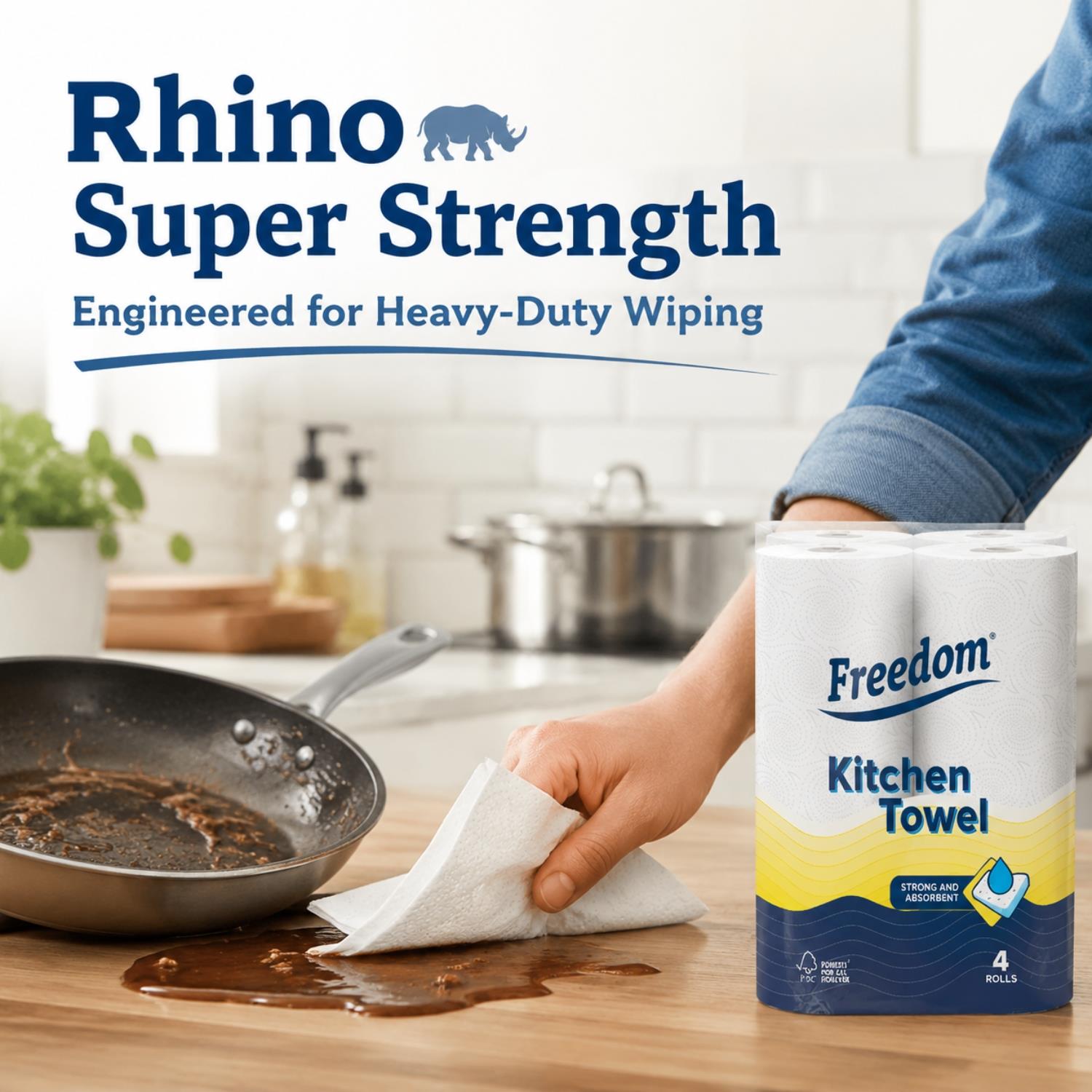 Freedom Rhino Kitchen Paper 24 Rolls + White 3-ply Toilet Tissues 18 Rolls
