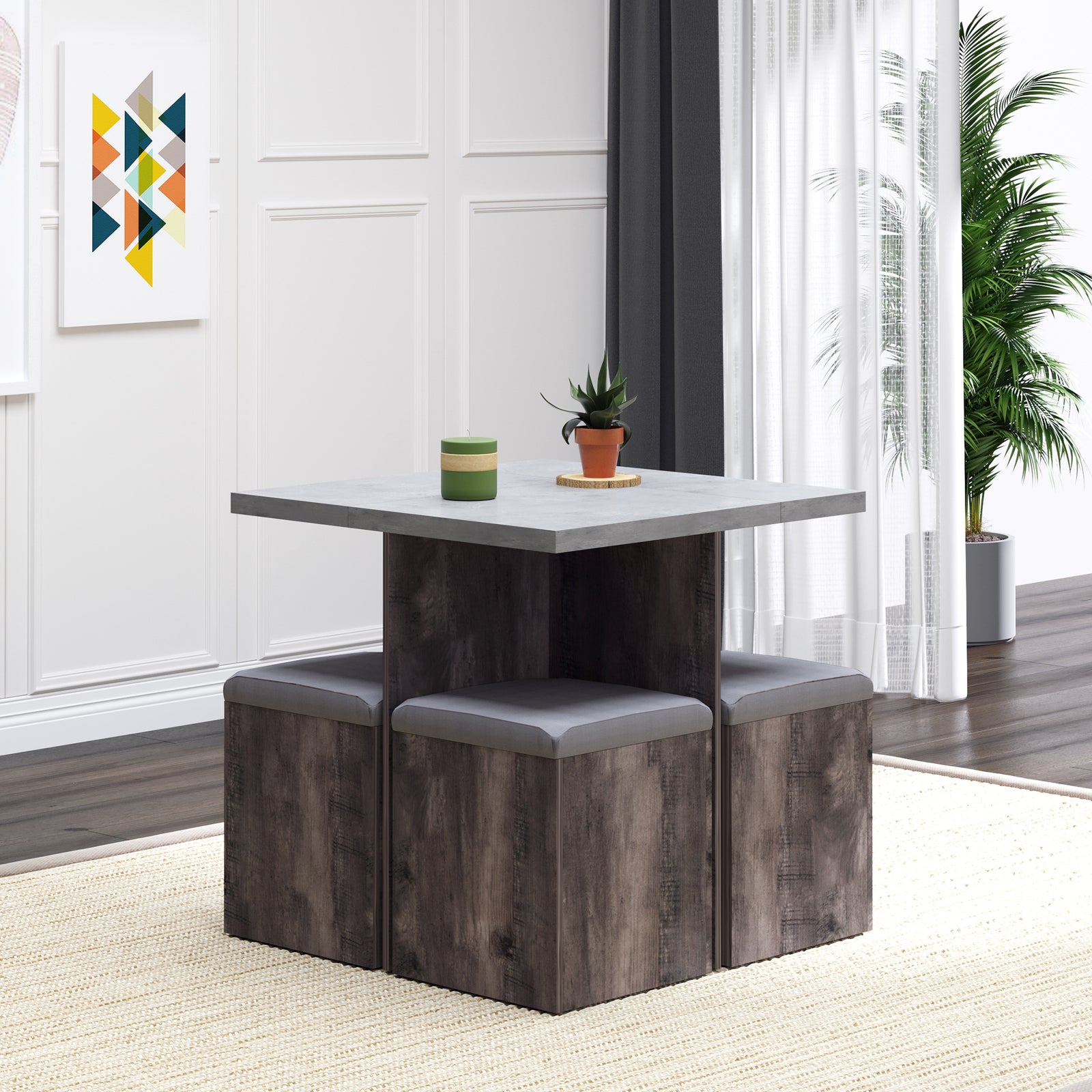 5 Pc Dining Set, Storage, Cushioned Ottomans