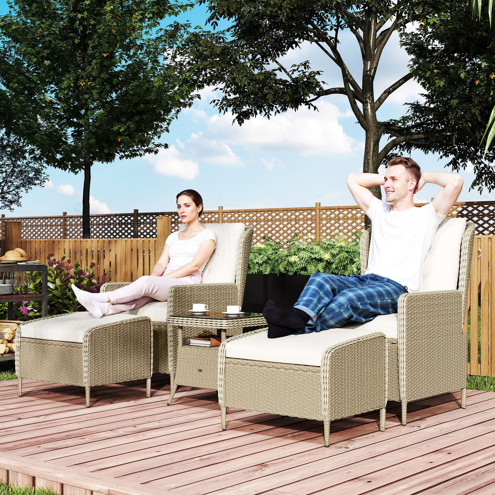 5 Piece Rattan Set With Recliners, 2-tier Coffee Table | Light Grey