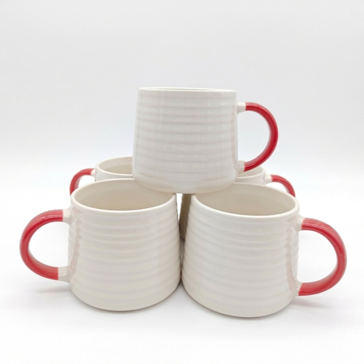 Ceramic Coffee Tea Mug 13oz Ribbing Textured Colour Painted Handle | Set of 2 | Red