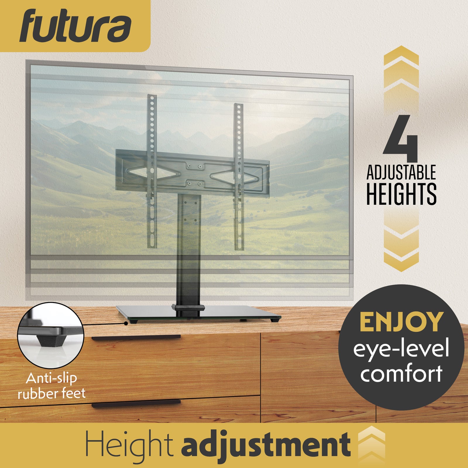 Universal Tv Table Stand 24 To 60 Inch Tvs, Swivel & Height Adjustable, 45kg Load, Max Vesa 400x400mm, Tempered Glass Base