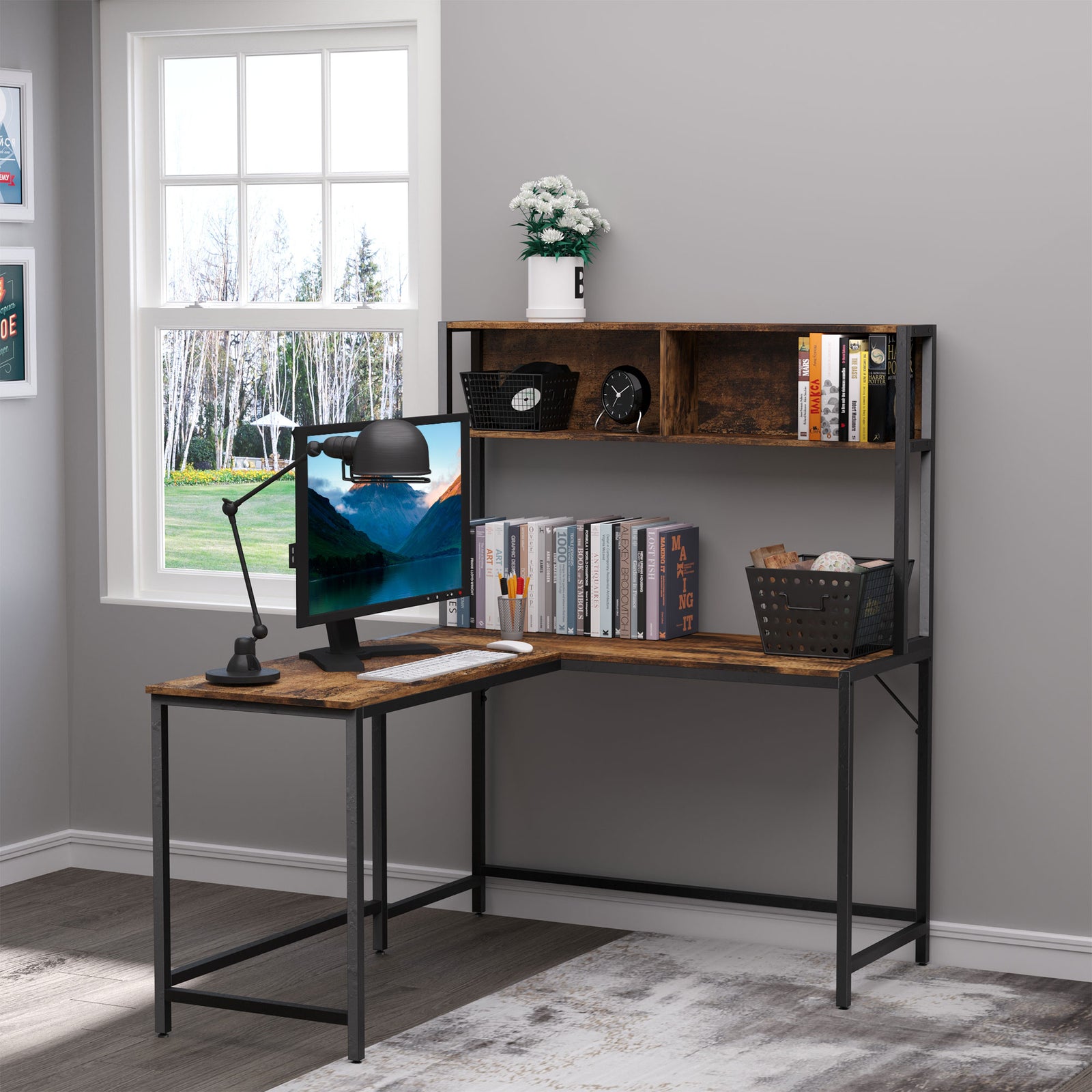 Industrial L-shaped Work Desk & Storage Shelf Steel Frame