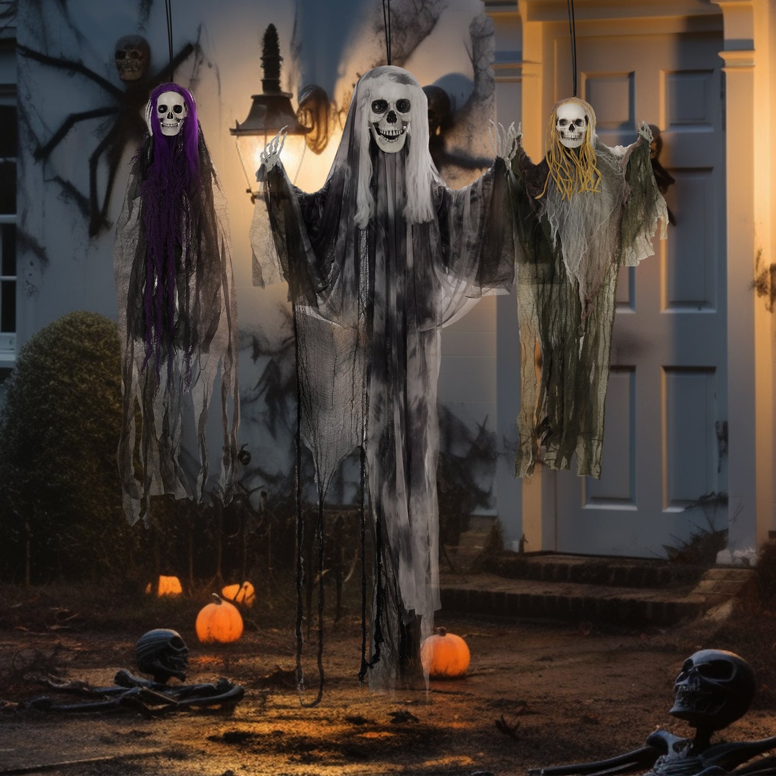 Set Of 3 Hanging Skeleton, Flying Ghost Halloween Decorations