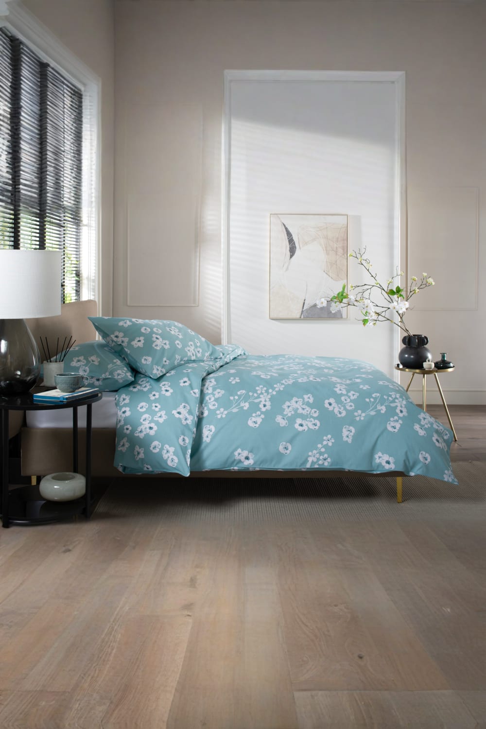 Petite Fleure 100% Cotton Duvet Cover Set – Floral Blossom Print Bedding With Piped Edges | King | Duck Egg