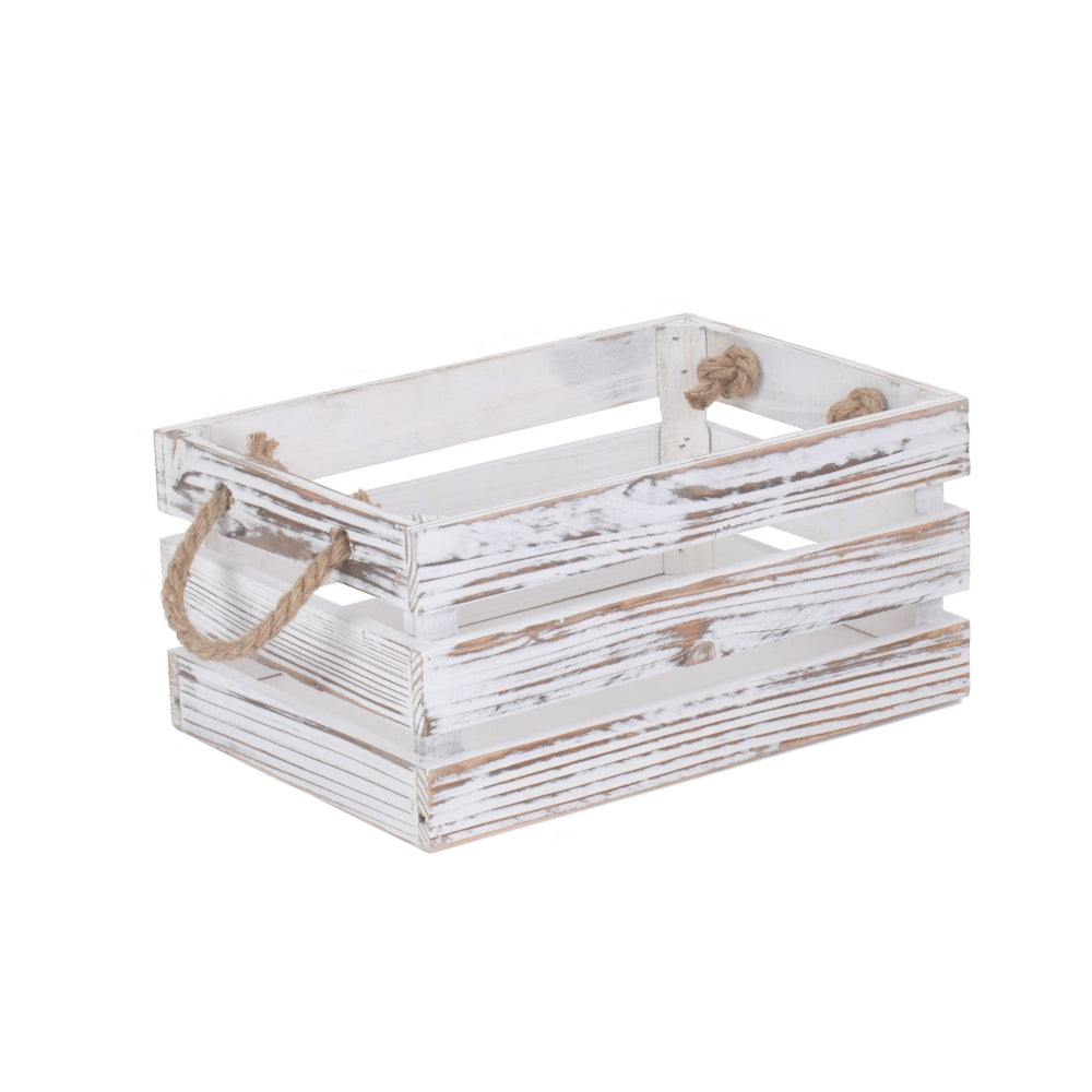 Distressed White Rope Handled Wooden Crate | Small | White