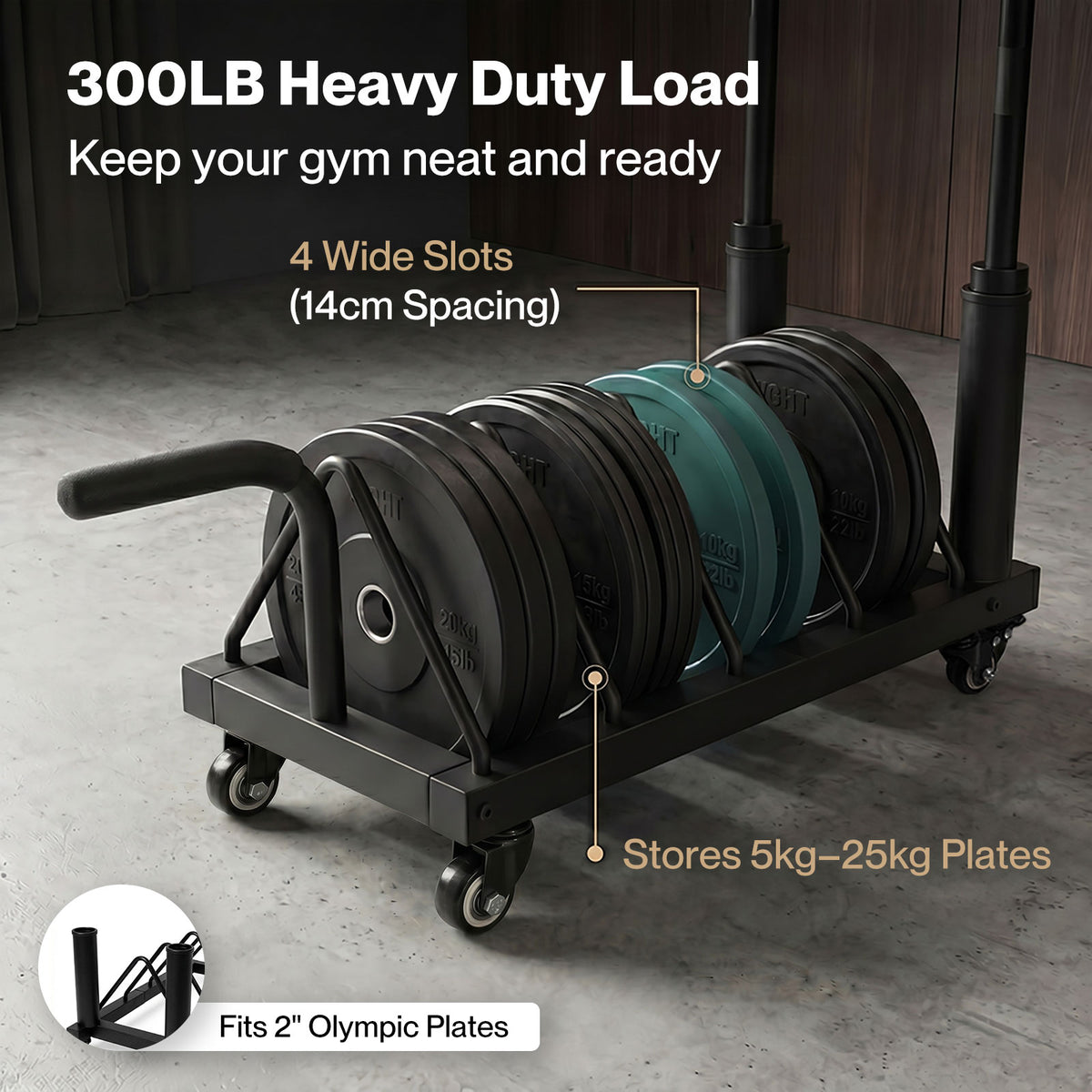 Centra Weight Plate Rack With 4 Plate Slots Wheels Horizontal Barbell Storage