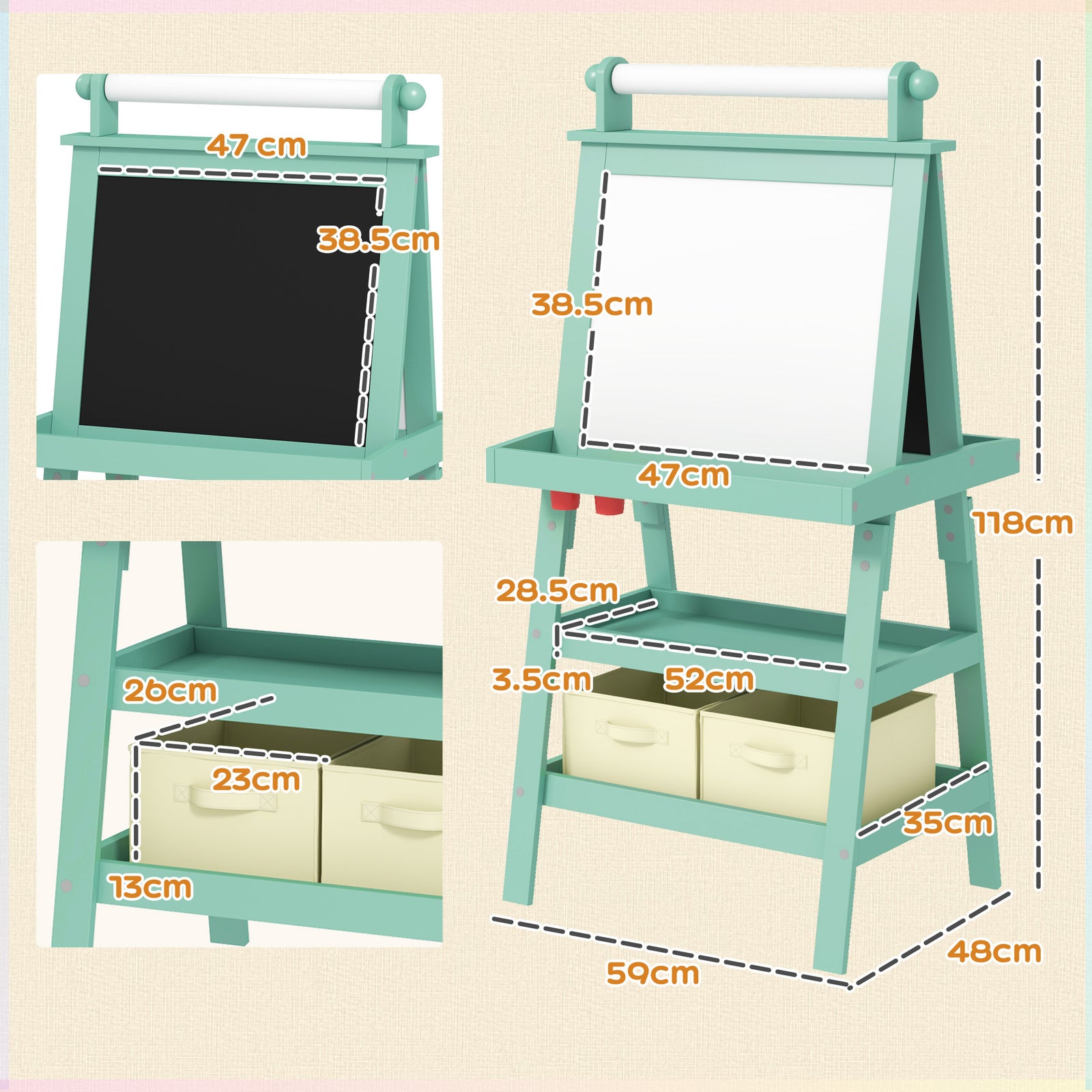 Double-sided Art Easel For Kids W/ Paper Roll, Storage Baskets | Green