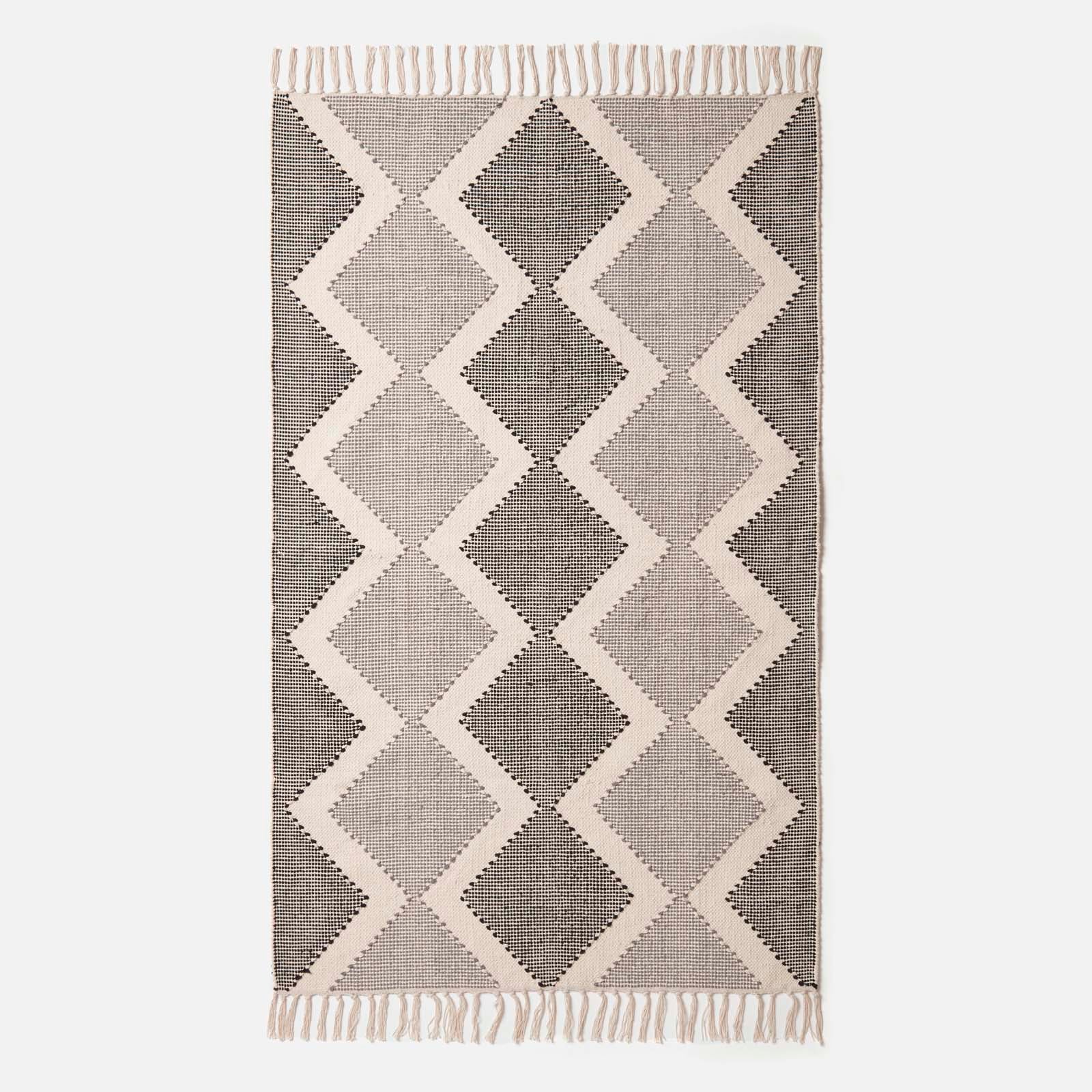 Malmo Handwoven Grey & Black Cotton Textured Rug | 120cm x 180cm | Grey & White