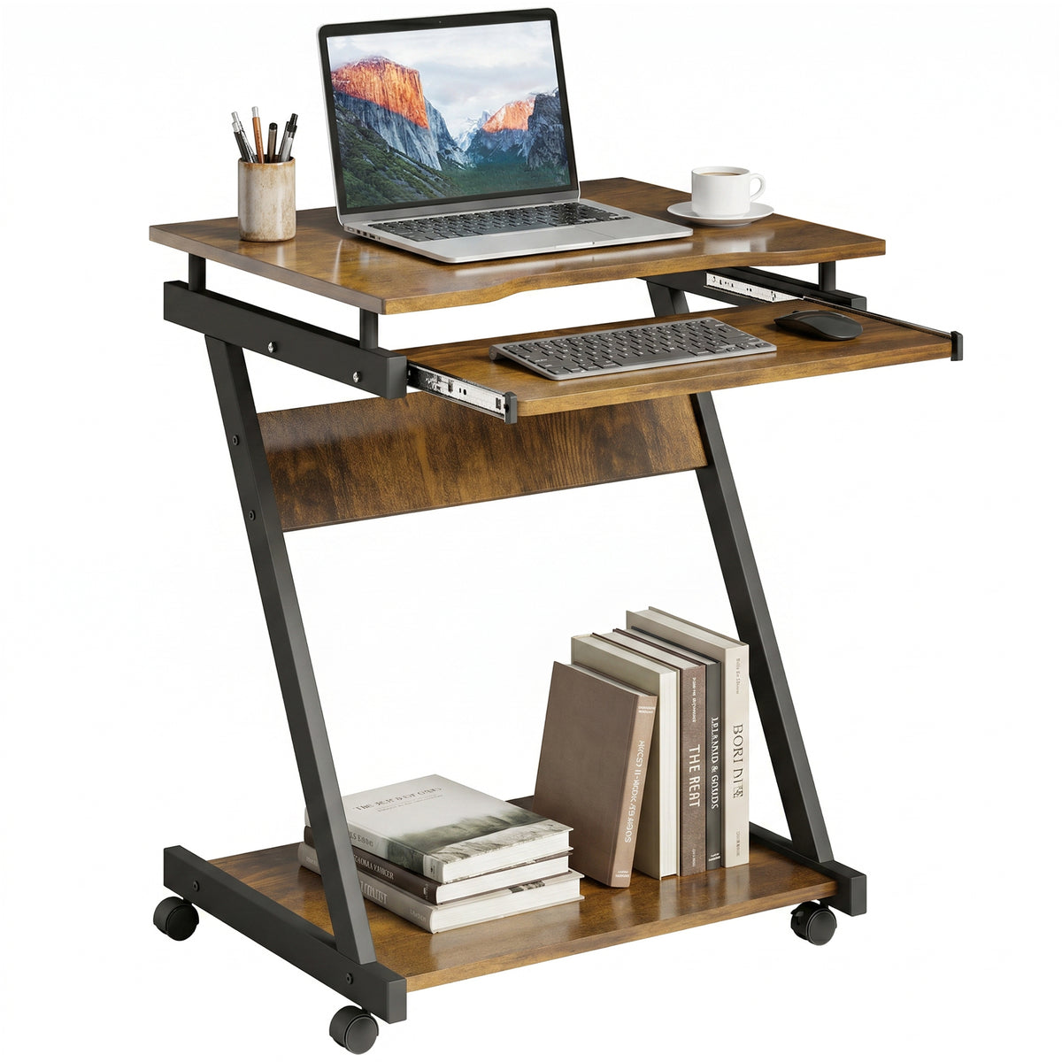 HOMCOM Movable Computer Desk With 4 Moving Wheels Rustic Brown