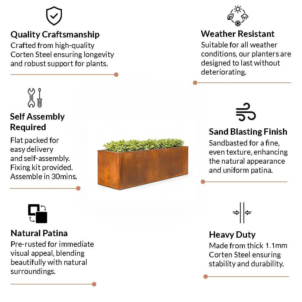 Corten Steel Trough Planter - Pre-rusted | 150cm x 50cm x 50cm | Brown