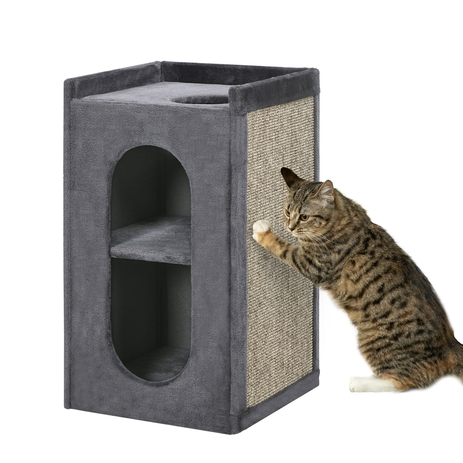 81cm Cat Scratching Barrel With Two Cat Houses For Indoor Cats - Grey